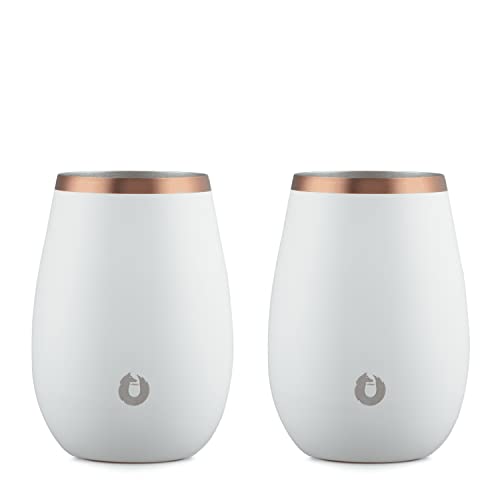 SNOWFOX Premium Vacuum Insulated Stainless Steel Classic White Wine Glass, Set of 2, Chilled Wine Stays Icy Cold, Lightweight Stemless Cocktail Glasses,Elegant Home Entertaining Barware,8oz,White/Gold