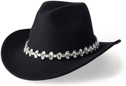 Women Wide Brim Western Cowboy Hat with Rhinestone - Solid  display picture 3