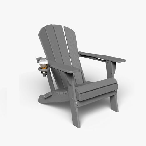 Patio Kingdom Folding Adirondack Chair with Cup Holders, HDPE Plastic Outdoor Chairs, Weather Resistant, Real Wood Look for Patio, Deck, Fire Pit, Backyard, Gray