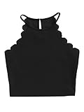 MakeMeChic Women's Solid Halter Neck Cami Scallop Trim Workout Crop Top Black M