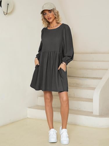GLAMAKER WOMENS FLOWY SUMMER TUNIC DRESS PUFF SLEEVE CREW NECK CASUAL BABYDOLL MINI DRESSES XXL DARK GREY