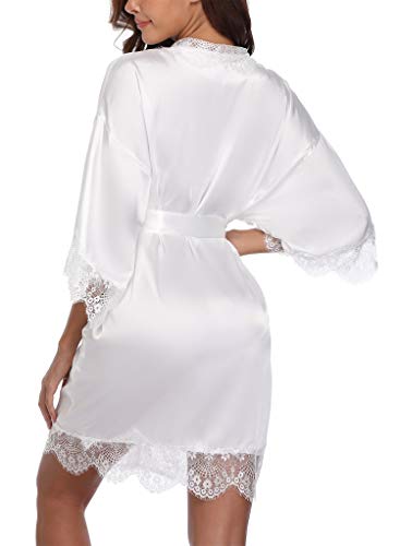 sunshinemall Womens Lace Trim Satin Bathrobe Kimono Nightgown Bridal Robe White