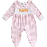woshilaocai Baby Fall Outfit Boy Girl Plaid Embroidered Collar Romper Footie Infant Halloween Clothes