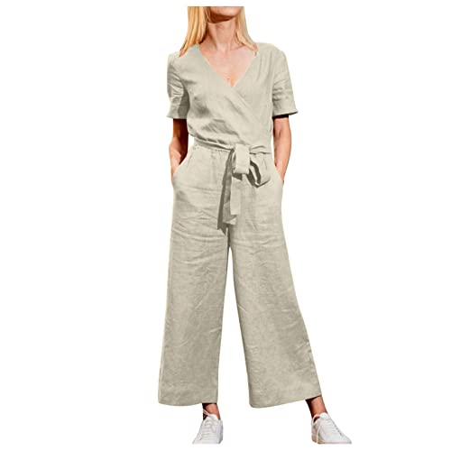 ESCBUKI Womens Business Casual Jumpsuit for Work Wrap V Neck Wide Leg Jumpsuits with Pockets Adjustable Waist Romper Denim Rompers and Jumpsuits for Women Disco Outfit Women