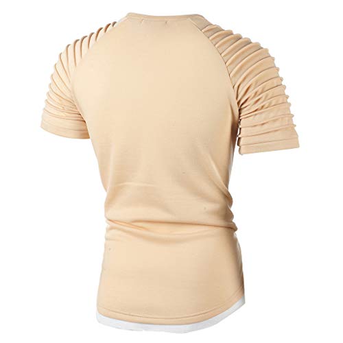 Ximandi Fashion Men's Summer Pleats Slim Fit Raglan Short Sleeve Pattern Top Blouse Khaki - Thumbnail 7