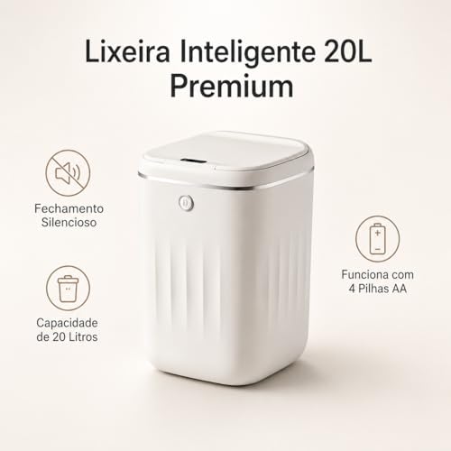 Lixeira Inteligente 20L Premium com Sensor Infravermelho de Movimento, Abertura Automática Sem Toque, Botão Touch e Sensor de Vibração, Tampa Silenciosa para Banheiro, Cozinha e Escritório