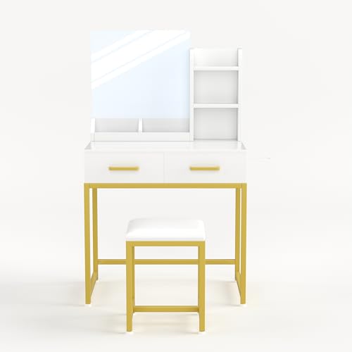 SKY-TOUCH Vanity Desk Chair Set with Mirror : Makeup Table with Stool Dressing Table with Storage Drawer Shelves Vanity Table with Lots Storage for Bedroom (White)