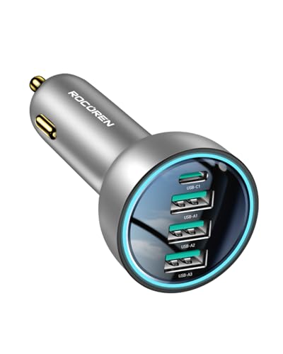 USB C Car Charger, Rocoren 55W 4-Port for Family Travel, PD3.0 35W QC3.0 Super Fast Charging for Multiple Devices, Cigarette Lighter USB C Charge (Silver)