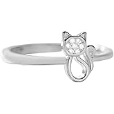 Sterling Silver Cat Adjustable Ring for Women Dainty Cute CZ Crystal Kitten Animal Promise Engagement Statement Open Wrap Finger Rings Christmas Wedding Holiday Party Jewelry Gift for Pet Lover