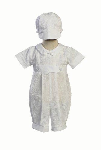 Cotton Seersucker Christening Baptism Romper with Hat - Size S (3-6 Month)