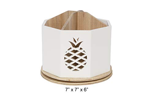 Spinning Desktop Stationary Organizer - Decorative Wooden Rotating Pen and Pencil Cup - 4 Compartment White Desk and Table Top Office Supplies Station with Pineapple Cutout - by Designstyles