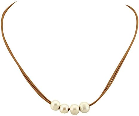 MAIMANI Double Strand Potato Freshwater Pearl Necklace Handmade on Genuine Leather Rope 18" Light Brown