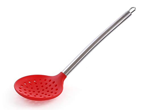 iNeibo Kitchen Silicone Skimmer Slotted Spoon-Cooking Utensils with Heat Resistant Silicone Covering Head And Stay-cool Stainless Steel Handle(Red)