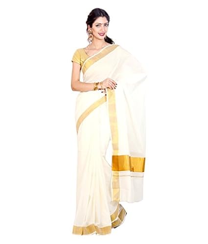 Creaweaves Kerala Kasavu pure Cotton Milk Cream Colour Gold Border Design Brocade Work Saree with Blouse Attached