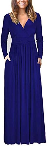 USUASID Womens Long Sleeve V-Neck Wrap Waist Casual Loose Plain Pocket Maxi Dress