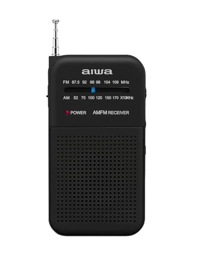 Aiwa Radio Portátil Am/FM de Bolsillo AWFML1, Altavoz 1.5”, Conector Audífonos 3.5 mm, Funciona con 2 AAA, Diseño Compacto Ligero Color Negro, Recepción Clara y Fácil de Usar
