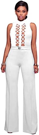 Women's Sexy Mesh See Through Top Open Back Loose Long Wide Leg Jumpsuits Rompers White M