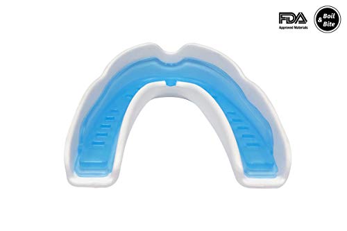 Coollo Sports Boil and Bite Mouth Guard DC Custom Fit Sport Mouthpiece for Karate, Martial Arts, Wrestling, Boxing, MMA (Free Case Included!) -Adult Size (Adult -Ages 11 & Above, Blue & White)
