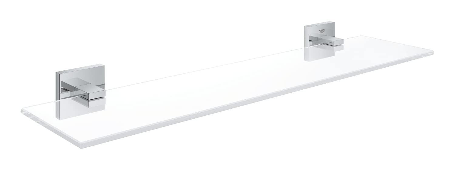 GROHE Start Cube Glass Shelf with Chrome Holders (Glass and Metal, Wall Mounted, Concealed Fastening, Including Screws and Dowels), Size 530 mm, Extra Easy to Fit QuickGlue, 41109000