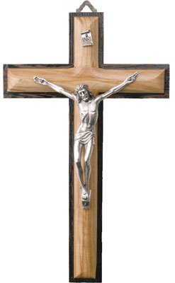 rosarybeads4u OLIVE WOOD BRASS Corpus 10" CRUCIFIX CROSS Wall Hanging BNIB with Double Heart Pewter Brooch BW26601