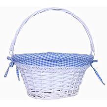 KRZIL Easter Basket Gift Basket Oval Willow Round Wicker Storage Basket with One Drop Down Handle Fabric Cotton Linen for Office, Bedroom, Closet, Toys