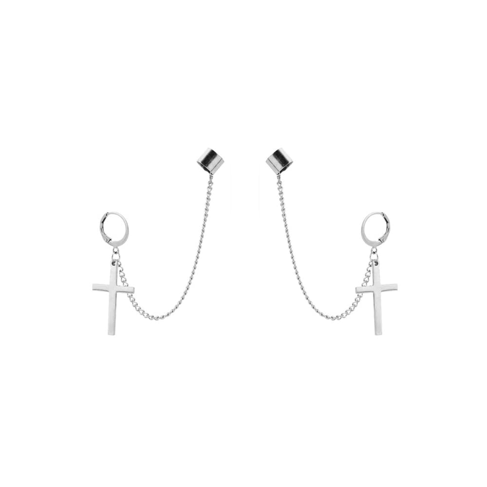 Cross Tassel Chain Wide Cuff Wrap Clip On Small Hoop Dangle Drop Earrings for Men Women Girls Cartilage Personalized Fashion Punk Climber Crawler Hip Hop Rock Kpop Pierciing Gift Birthday Bff Son