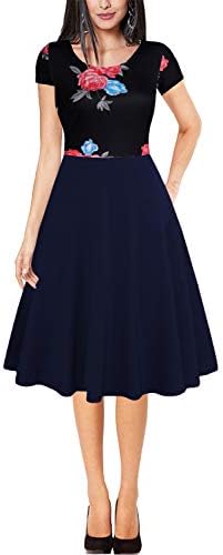 Fantaist Women's Short Sleeve Round Neck Patchwork Pockets Puffy Swing Aline Dress