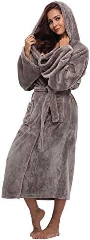 Women's Long Hooded Velvet Bathrobe Ultra-Soft Winter Fleece Plush Nightgown