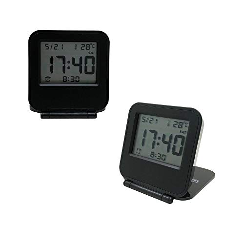 Huasen Mini Small Digital Travel Alarm Clocks Battery Operated with Light Folding,Portable,Pocket Size,Temperature,Black - Thumbnail 2