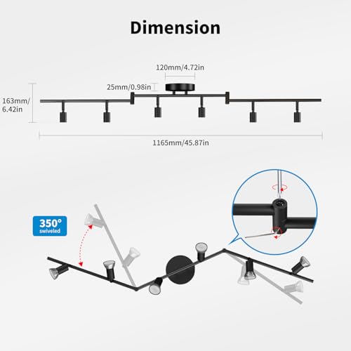 LVWIT Swivel Ceiling Spotlight, 6 Way Ceiling Lights GU10 Black Kitchen GU10 Base Ceiling Light Mounting Bracket for Living Room Bedroom Dining Room (No Bulb)