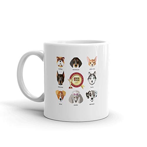 Dogs Set Icon Head Muzzles Breed Bulldog Dachshund Husky Chihuahua Dalmatian Doberman Terrier Poodle Jack Russell Funny Mugs Cups Ceramic 11oz