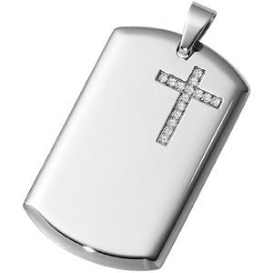 Stainless Steel Dog Tag Cross Pendant with CZs. 