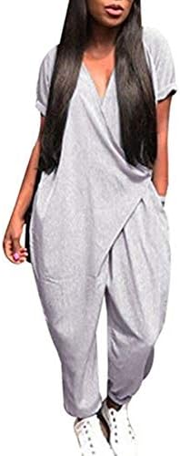 MAXIMGR Women's Casual Solid Color V Neck Short Sleeve Romper Baggy Harem Jumpsuit Romper