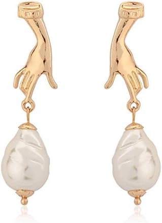 個性 ハンドスタッドピアス 美品 パールドロップ14kゴールドメッキ ダングルピアス レディース ホリデーギフト