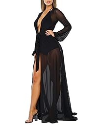 Elosele - Maxi vestido de playa de manga larga con malla para mujer