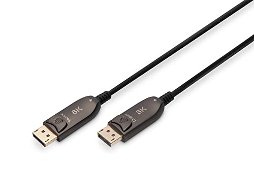 Digitus Fibre Optic DisplayPort Cable – 10m – UHD 8k 60Hz 4k 120Hz – DisplayPort 1.4 – 32.4 Gbps – HDR, HDCP 2.2, CEC – AOC Hybrid Cable – Gold-plated contacts – Black