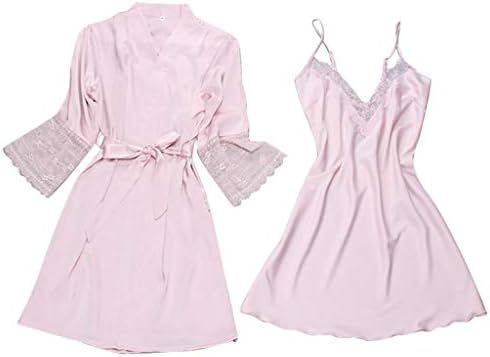 Psunrise Pijamas Women Satin Fashion Comfy Elasticity Lace Patchwork Sleepwear Sling Robe Long Sleeve Set with Belt
