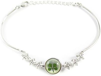 Real Four-Leaf Clover Sterling Silver 6"-7" Adjustable Bracelet Round Circle