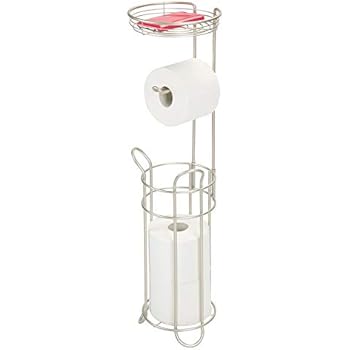mDesign Freestanding Metal Wire Toilet Paper Roll Dispenser and Holder Stand for Bathroom Storage Organization - Top Round Storage Tray Shelf for Cell Phone, Book, Spray - Holds 4 Mega Rolls - Satin