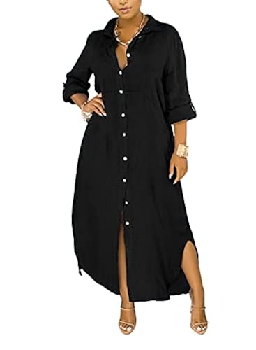 Women's Button Down Maxi Shirts Casual Loose Long Sleeve Roll Up