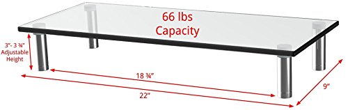 Husky Mounts Computer Monitor Riser Desktop Monitor Stand 22 X 9.5 Inch Thick Tempered Clear Plate Glass. 3"- 3 3/4" Adjustable Height Aluminum Legs Desk Shelf Laptop TV Riser Elegant Modern Design.