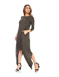 Isaac Liev - Vestido largo asimétrico con mangas 3 4 y bolsillos laterales para mujer