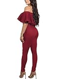 PRETTYGARDEN Off Shoulder Sleeve Hollow Out Sexy Women Bodycon Long Jumpsuit Rompers (Medium, 2186-Red)