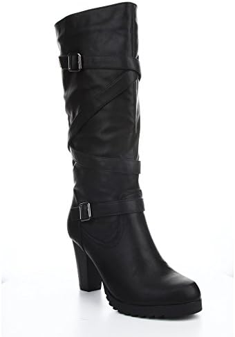 Cape Robin Womens Heather01 Kitty Heel Criss Cross Buckle Strap Knee High Boot,Black/Silver,9