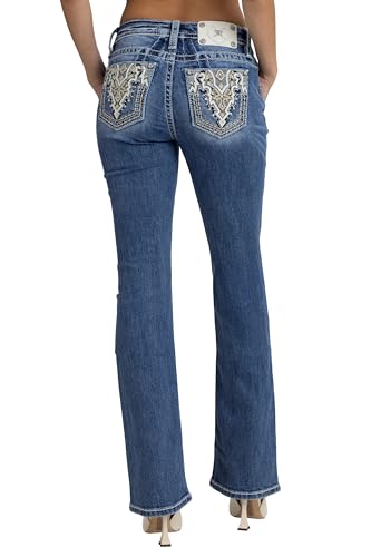 Miss Me Women's Baroque Diamond Embellished Pockets Mid-Rise Bootcut Jeans (Medium Blue, 32W x 34L) at Amazon