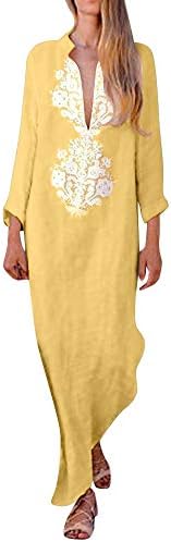 HLHN Women Long Maxi Dress Split Long Sleeve Baggy Casual Beach Cocktail Print Kaftan V-Neck