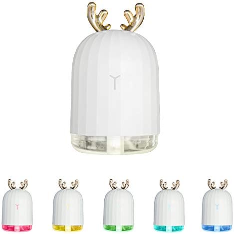Fanng Mini Humidifier Portable Cool Mist Air Diffuser Humidifier with Colorful Cute Deer Night Light 220ML USB Power for Home Office Car Bedroom Yoga (White)