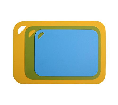 DELIGHT Flexible TPU Cutting Board with Stand, Dishwasher Safe, BPA-Free, FDA approval material, Heat and Cut Resistant, Anti-bacterial, Set of 3, Green, Yellow, Sky Blue