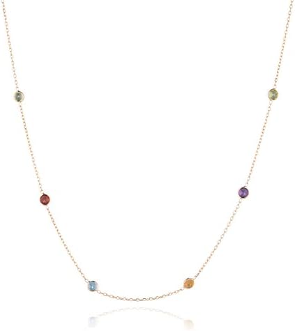14k Yellow Gold Necklace with Multi Color Gemstones Ovel and Round Shape on 18 Inch Cable Chain