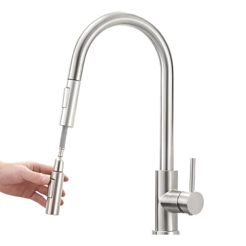 Torneira de Cozinha com Pulverizador Retrátil, Torneira de Pia de Cozinha de Alavanca Única em Níquel Escovado com Arco Alto, Aço inoxidável, Rotação de 360°, Torneiras para Pias de Cozinha